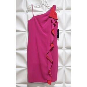 $438 NWT Teri Jon Rickie Freeman Sz 6 Fuchsia Ruffled Front Sheath Dress Formal